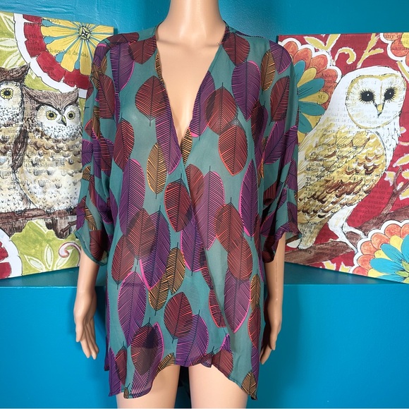 LULAROE Lindsay Women's Sheer Kimono Size Small Floral Leaves Feathers - Picture 6 of 7